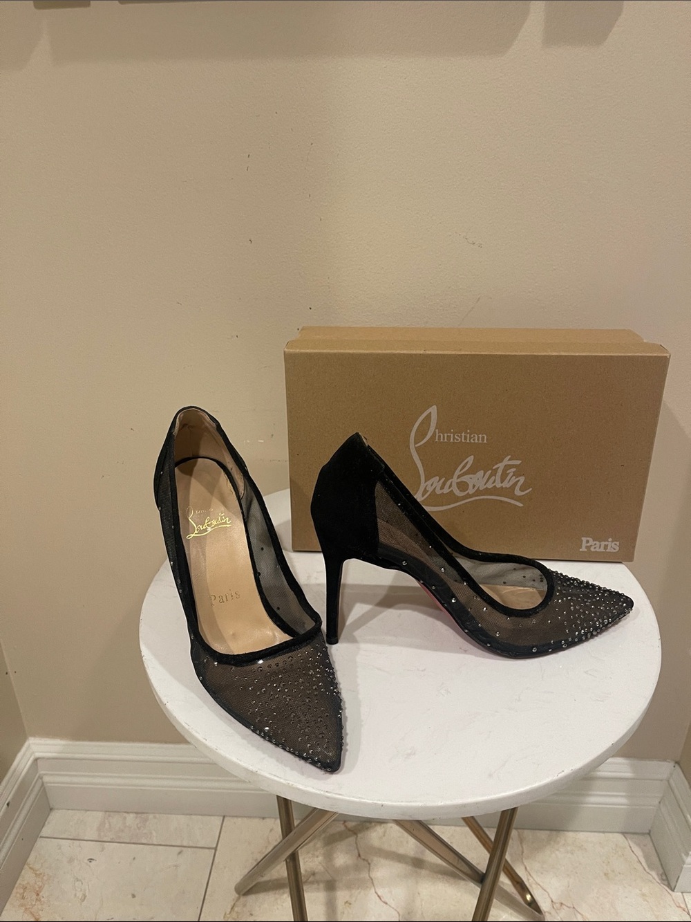 Christian Louboutin Black Mesh Crystal-Embellished Pointed Pumps 38